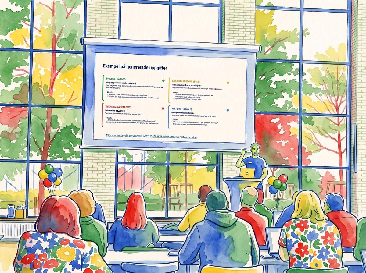 En bild som visar en medarbetare i Malmö stad som presenterar ett AI-genererat undervisningsmaterial