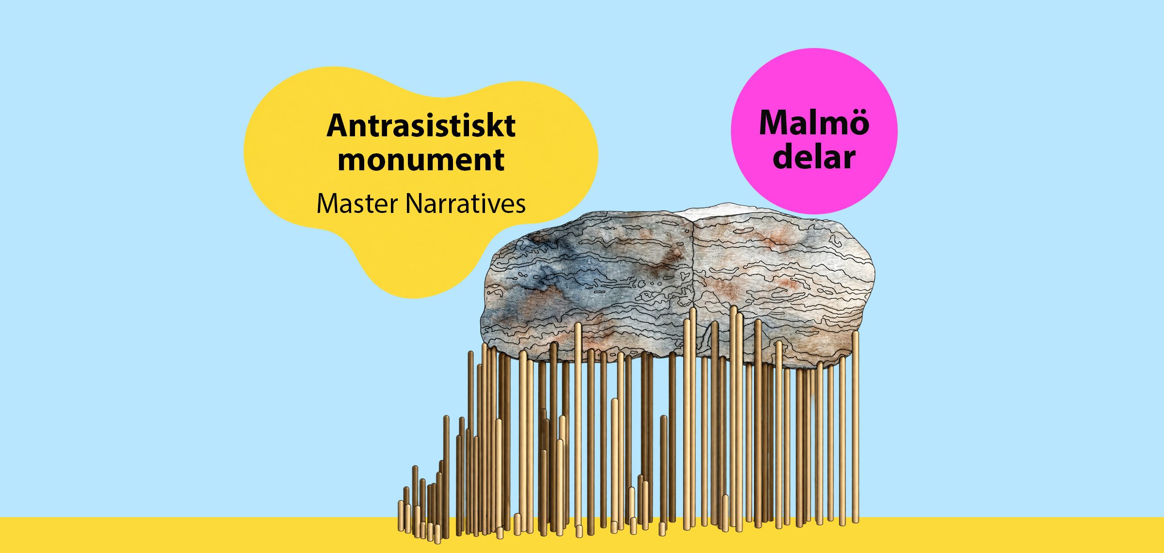 Illustration av ett antirasistiskt monument med stenliknande form som bärs upp av många vertikala pelare. Intill visas texten Antirasistiskt monument – Master Narratives och Malmö delar‑logotypen mot en ljusblå bakgrund. Bilden illustrerar ett pedagogiskt arbete om minnen, berättelser och antirasism.
