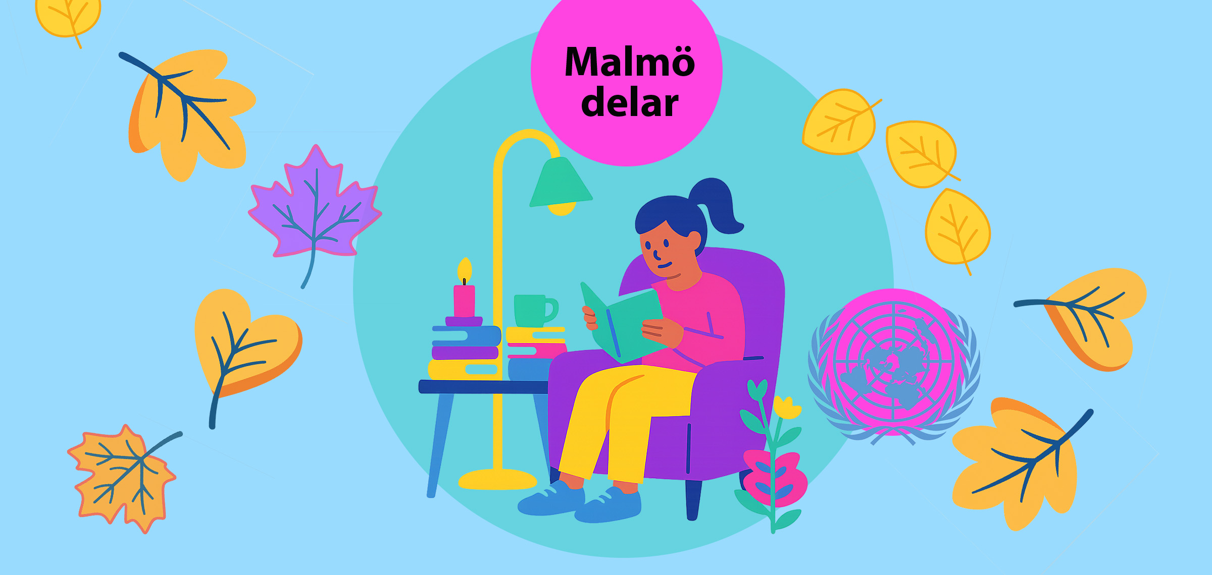 Illustration från Malmö delar som visar en person som läser i en fåtölj omgiven av böcker och höstlöv.