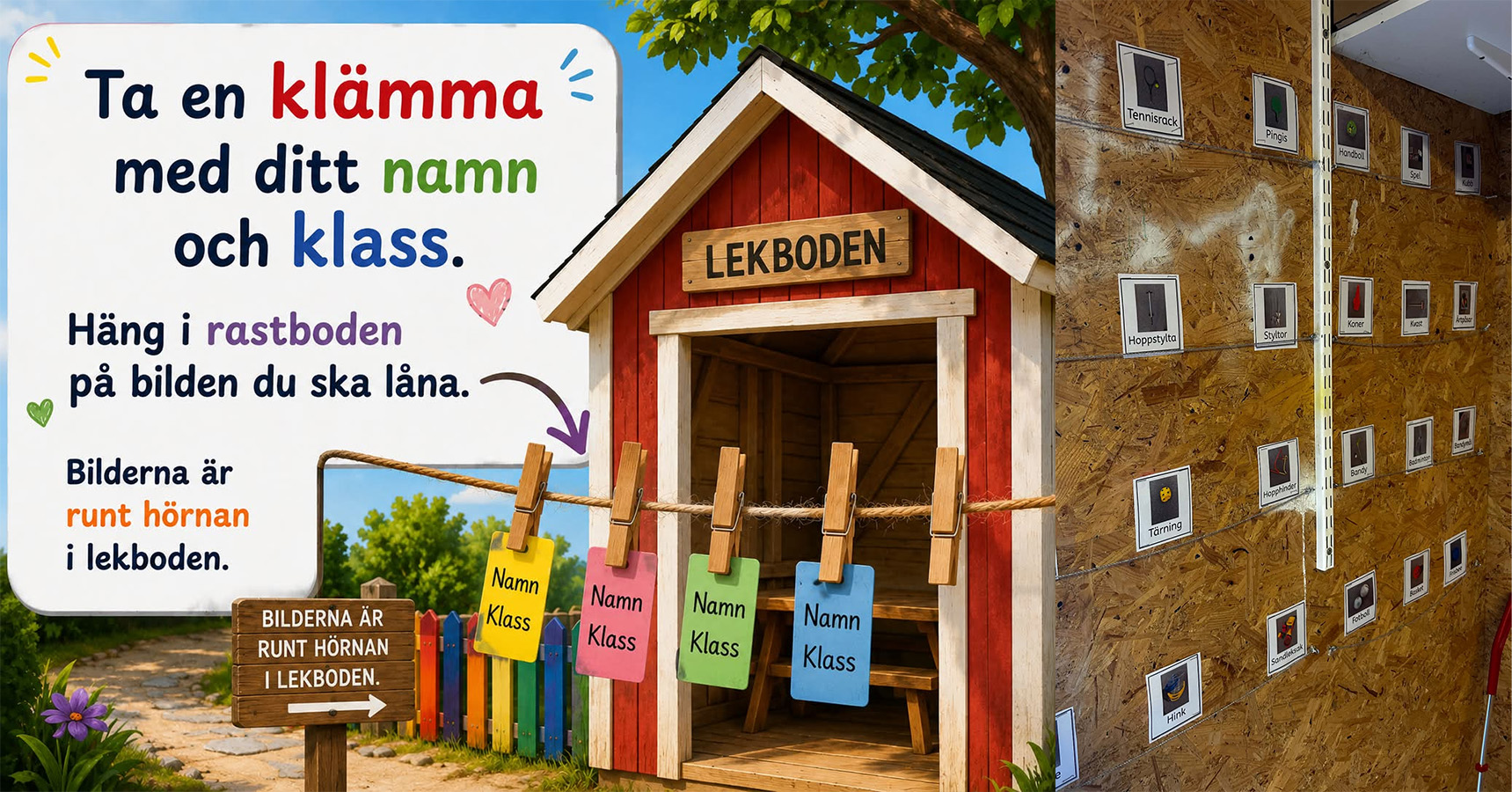 Informationsskylt vid lekboden som visar hur elever lånar rastutrustning. Skylten uppmanar eleverna att ta en klädnypa med sitt namn och sin klass och hänga den på bilden av den aktivitet de vill låna. Intill syns en röd lekbod med en lina och flera färgade namnlappar fastsatta med klädnypor. Till höger visas insidan av lekboden där bilder på olika aktiviteter, som tennisrack, pingis, handboll och hopprep, sitter uppsatta på väggen för att markera utlåningsbara redskap.