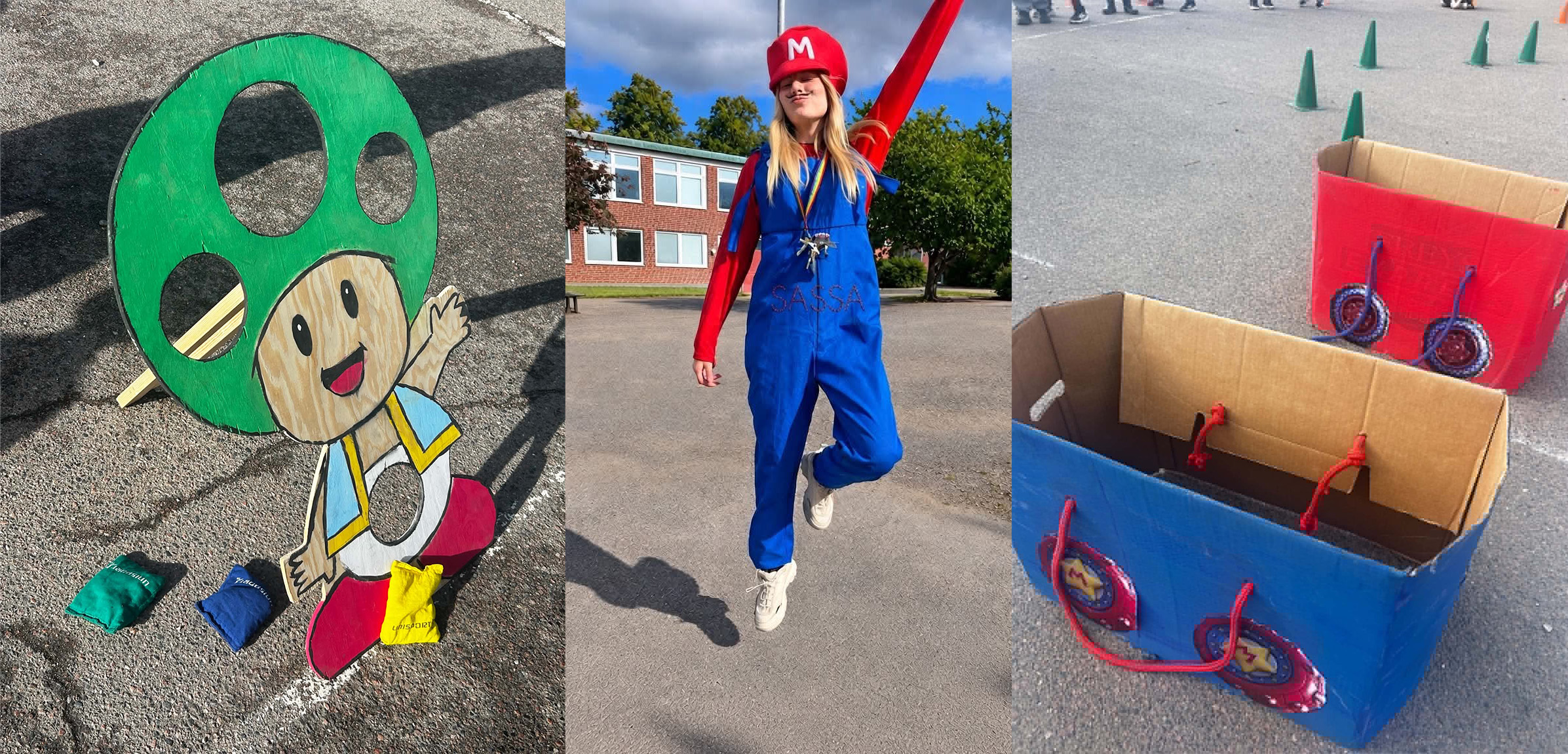 Kollage med aktivitetsstationer på en skolgård inspirerade av tv-spel. En stor figur föreställande Toad från Super Mario står bredvid ärtpåsar, en person är utklädd till Mario och kartonglådor dekorerade med hjul används i en lek- eller hinderbana. Bilden visar kreativt skapande och rörelseaktiviteter i skolmiljö.