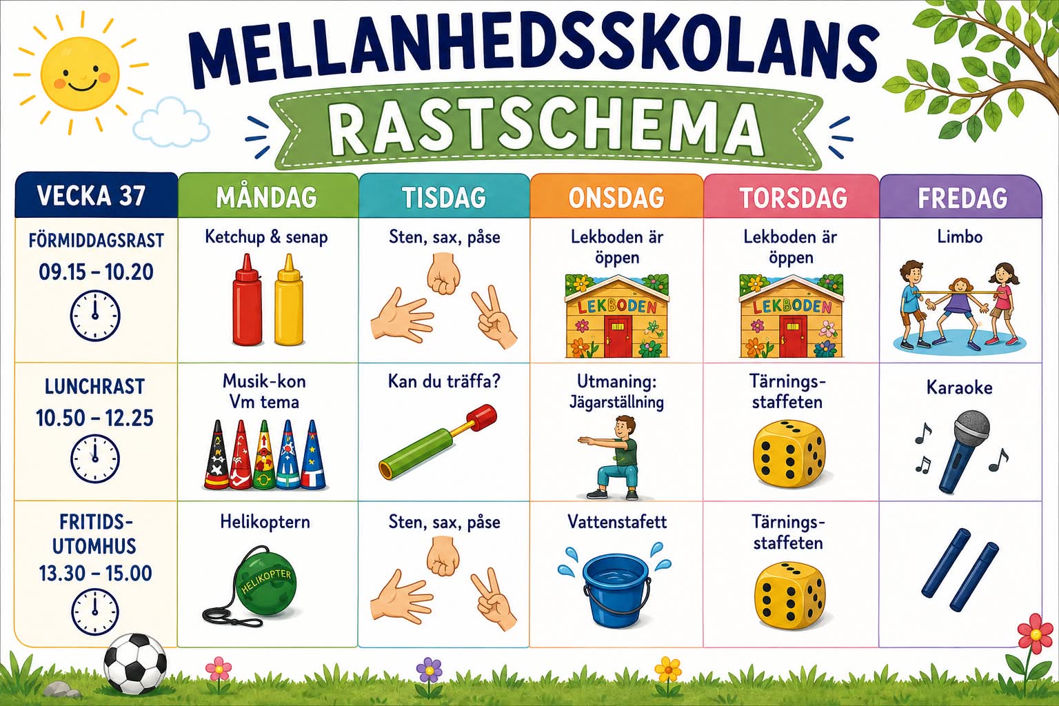 Illustrerat rastschema för Mellanhedsskolan vecka 37. Schemat visar organiserade rastaktiviteter för måndag till fredag under tre tidsperioder: förmiddagsrast, lunchrast och fritids utomhus. Aktiviteterna inkluderar bland annat ketchup och senap, sten-sax-påse, öppen lekbod, limbo, musikquiz, jägarställning, tärningsstafett, karaoke, helikoptern och vattenstafett. Bilden är färgglatt dekorerad med sol, träd, blommor och en fotboll.